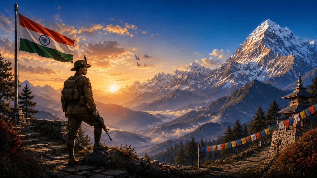 Gorkha soldier overlooking the Himalayas with the Indian flag at sunrise