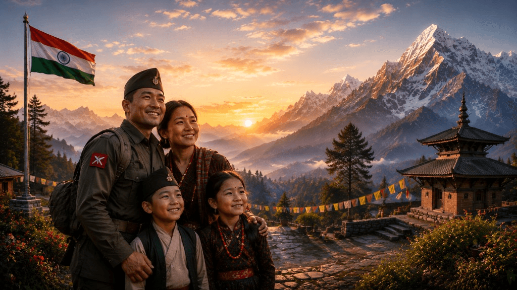 Gorkha soldier with family in the Himalayas celebrating heritage and belonging